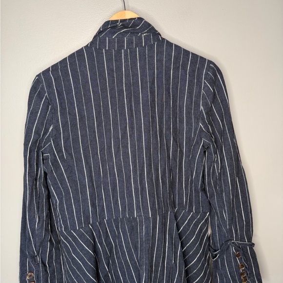 Free People Coat Jacket Stella Blazer Linen Fringed Hem - Navy Stripe - Picture 8 of 11